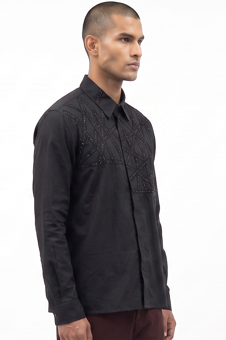 Black Cotton Poplin Hand Embellished Party Wear Shirt by Aurge Studios at Pernia's Pop Up Shop
