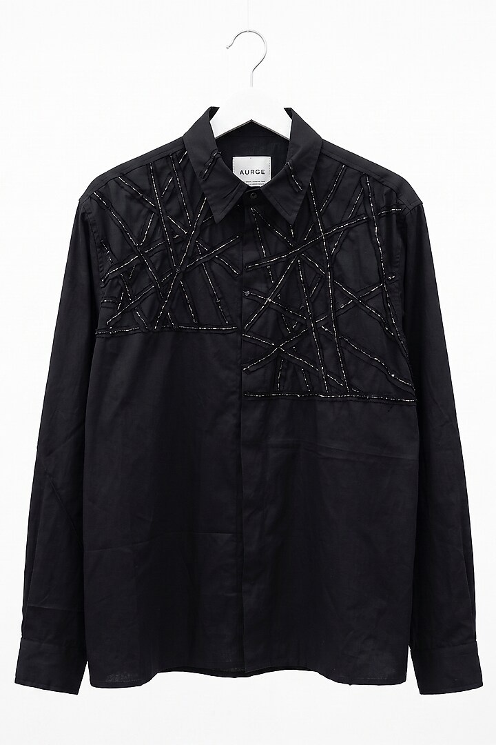 Black Cotton Poplin Hand Embellished Party Wear Shirt by Aurge Studios at Pernia's Pop Up Shop