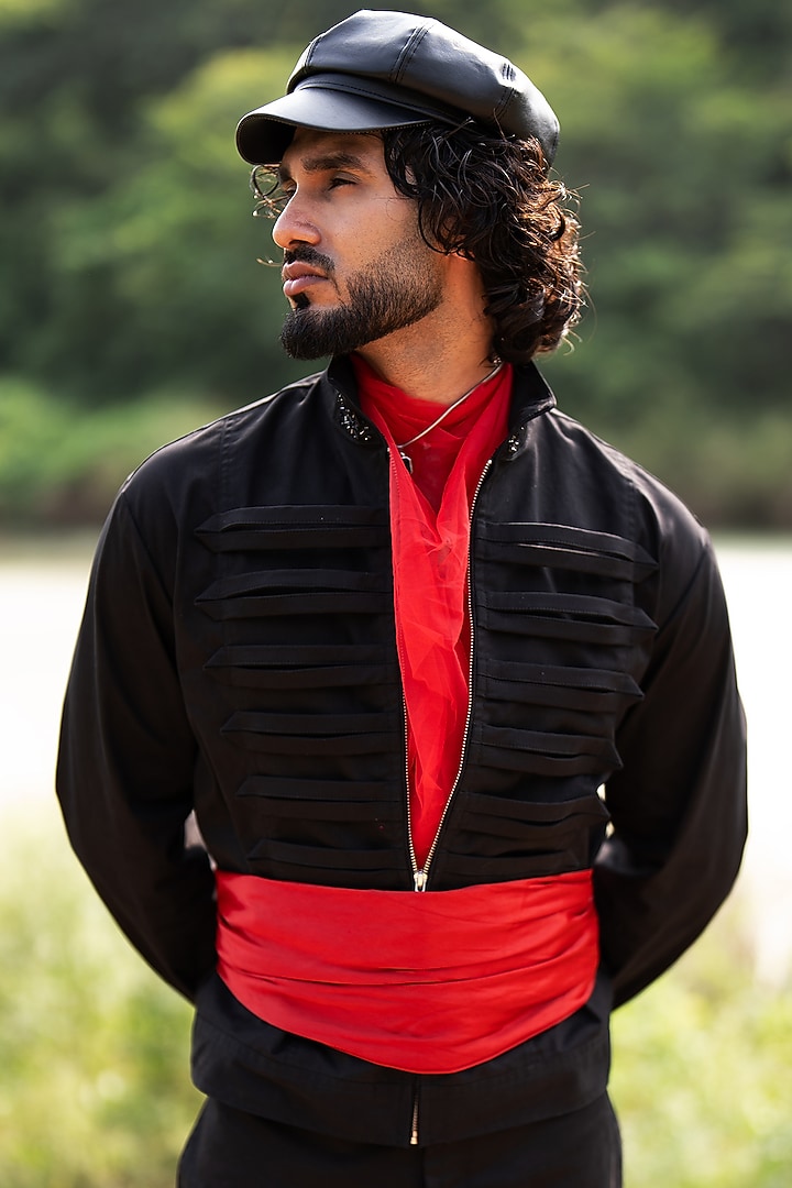 Black Cotton Satin Jacket by Aurge Studios at Pernia's Pop Up Shop