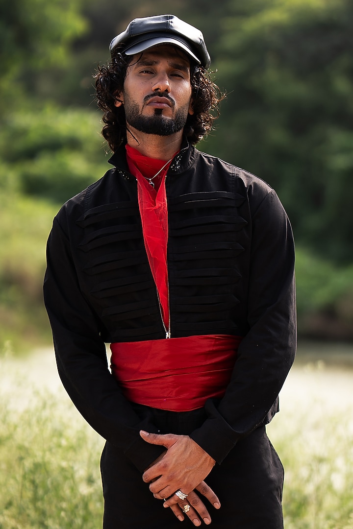 Black Cotton Satin Jacket by Aurge Studios at Pernia's Pop Up Shop