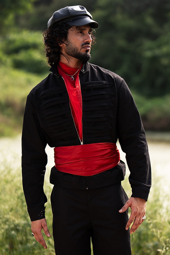 Black Cotton Satin Jacket by Aurge Studios at Pernia's Pop Up Shop