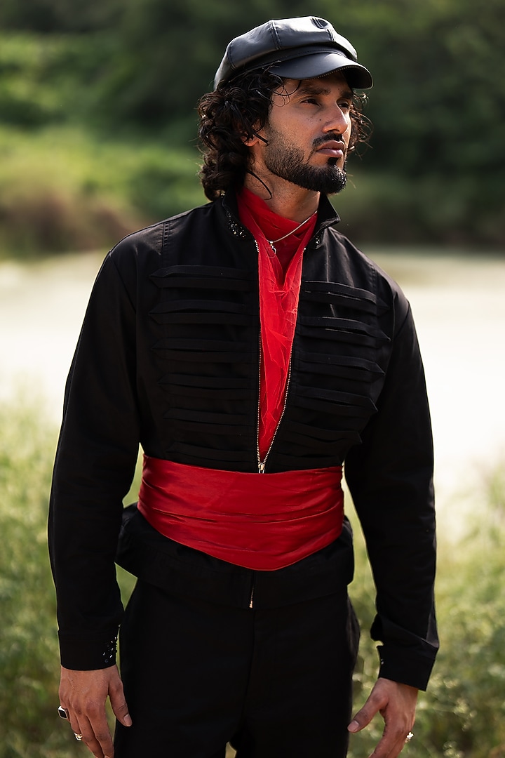 Black Cotton Satin Jacket by Aurge Studios at Pernia's Pop Up Shop