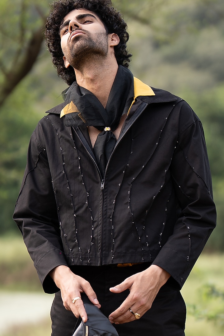 Black Cotton Satin Hand Embroidered Jacket by Aurge Studios at Pernia's Pop Up Shop