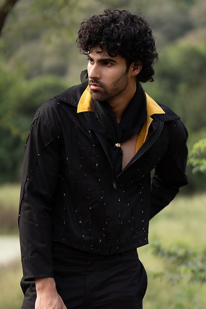 Black Cotton Satin Hand Embroidered Jacket by Aurge Studios at Pernia's Pop Up Shop
