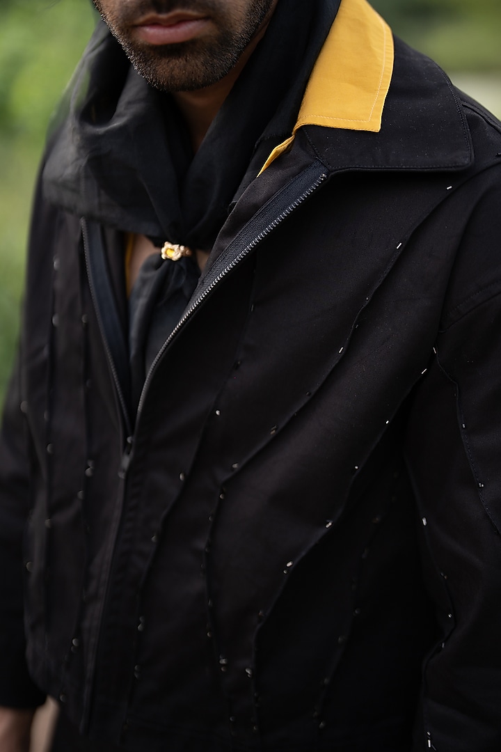 Black Cotton Satin Hand Embroidered Jacket by Aurge Studios at Pernia's Pop Up Shop