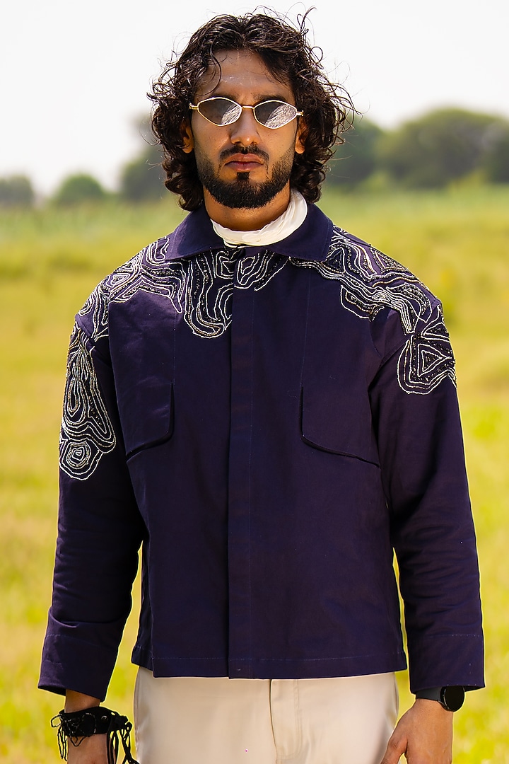Navy Blue Cotton Satin Thread Embroidered Jacket by Aurge Studios at Pernia's Pop Up Shop