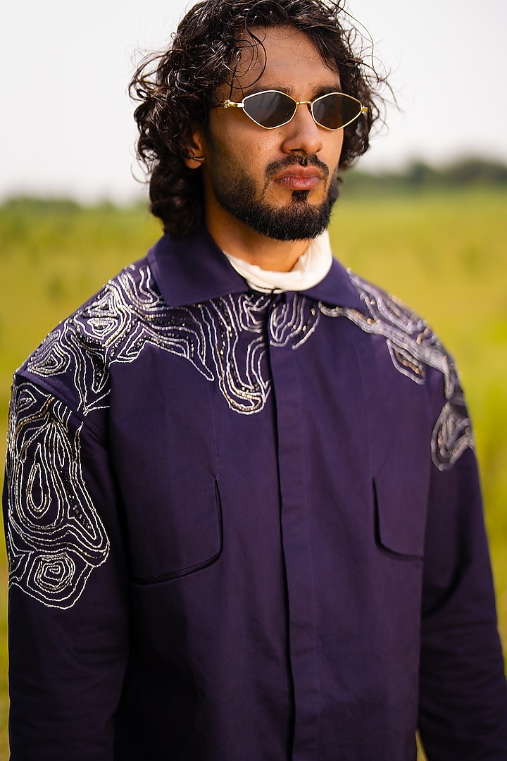 Navy Blue Cotton Satin Thread Embroidered Jacket by Aurge Studios at Pernia's Pop Up Shop