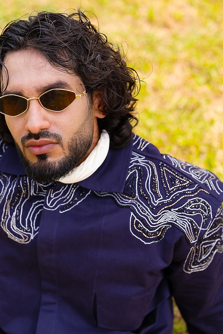 Navy Blue Cotton Satin Thread Embroidered Jacket by Aurge Studios at Pernia's Pop Up Shop