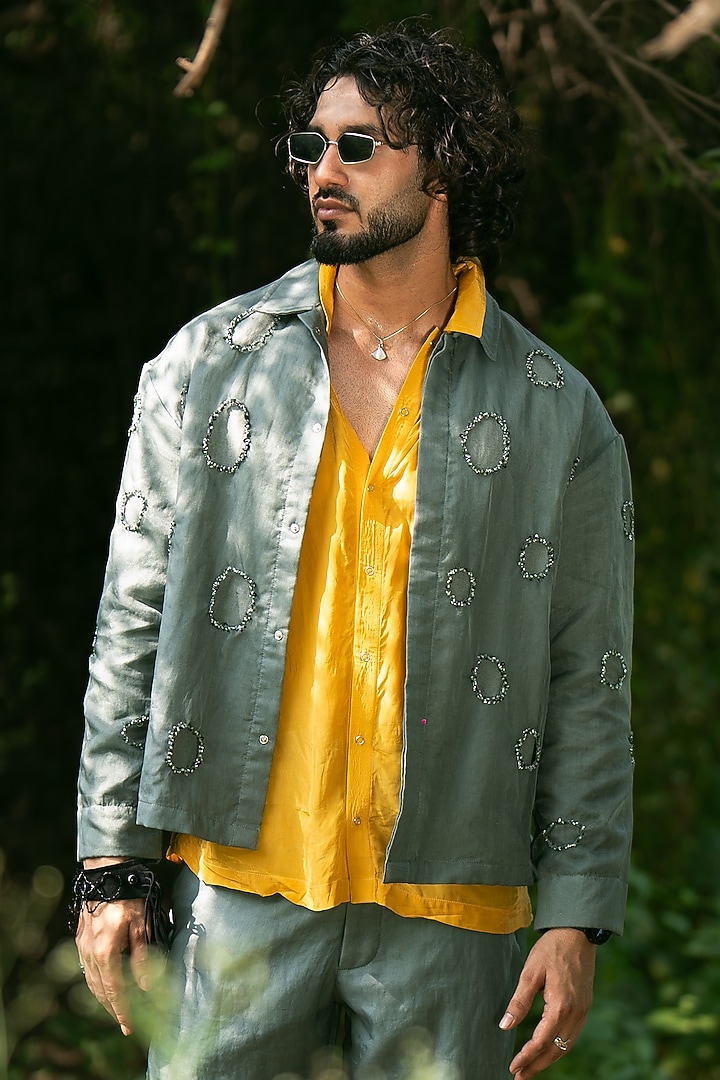 Green-Grey Cotton Linen & Organza Embellished Jacket by Aurge Studios at Pernia's Pop Up Shop
