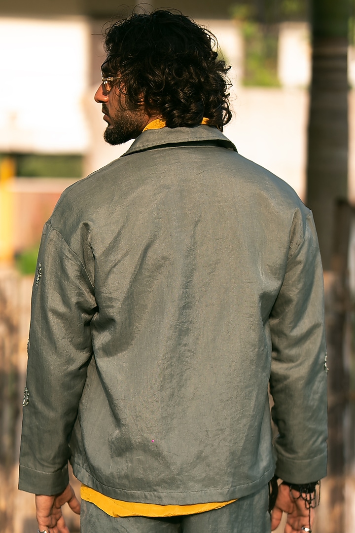 Green-Grey Cotton Linen & Organza Embellished Jacket by Aurge Studios at Pernia's Pop Up Shop