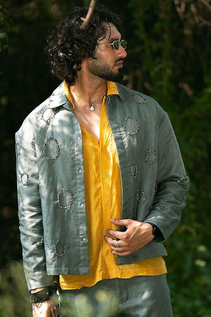 Green-Grey Cotton Linen & Organza Embellished Jacket by Aurge Studios at Pernia's Pop Up Shop