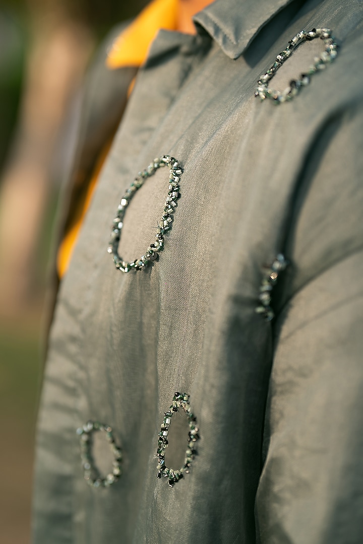 Green-Grey Cotton Linen & Organza Embellished Jacket by Aurge Studios at Pernia's Pop Up Shop