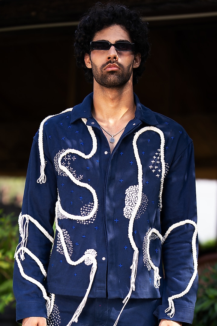 Navy Blue Cotton Jacket by Aurge Studios at Pernia's Pop Up Shop