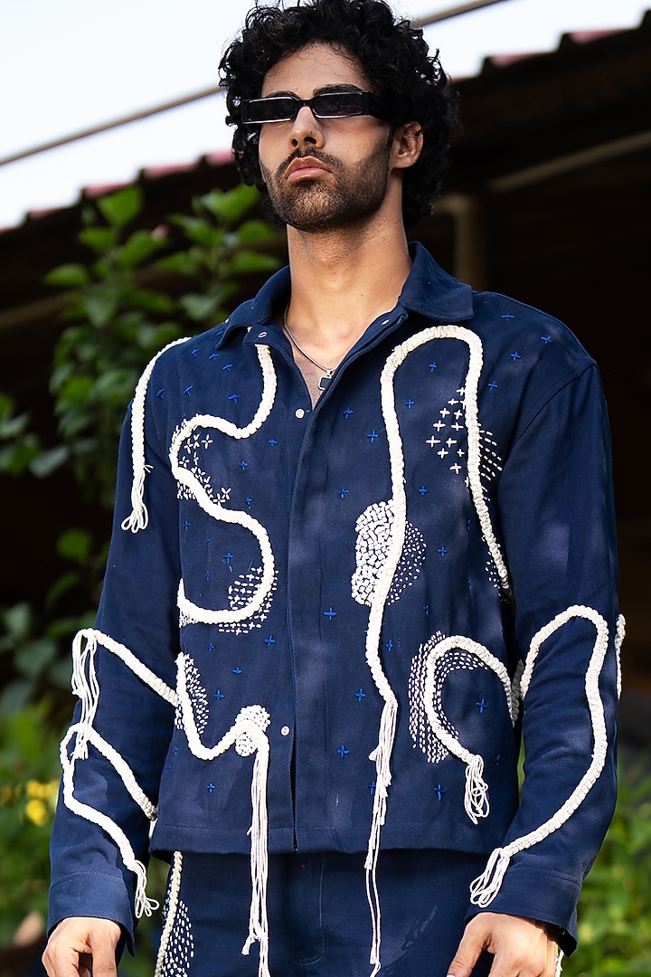 Navy Blue Cotton Jacket by Aurge Studios at Pernia's Pop Up Shop