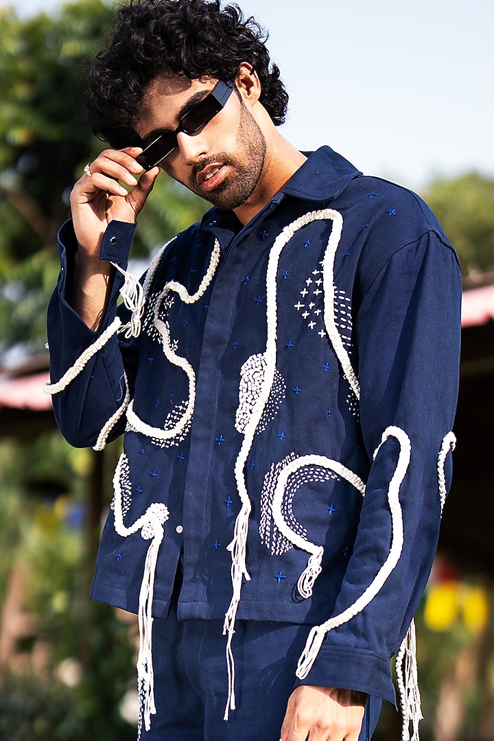 Navy Blue Cotton Jacket by Aurge Studios at Pernia's Pop Up Shop