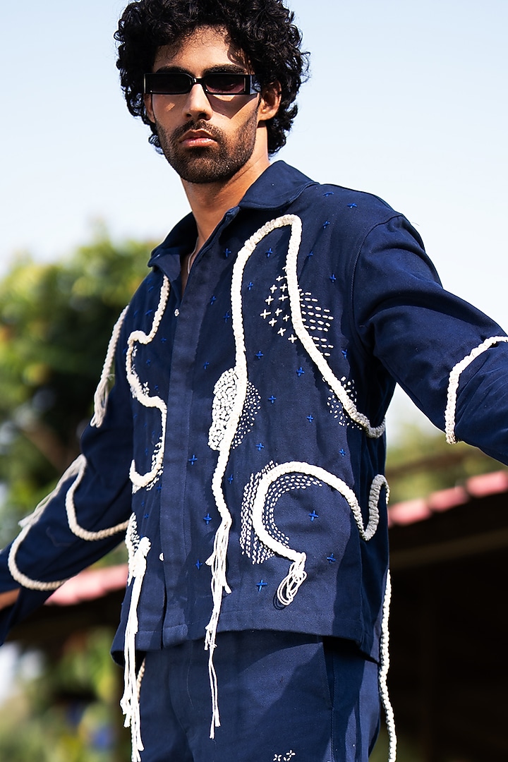 Navy Blue Cotton Jacket by Aurge Studios at Pernia's Pop Up Shop