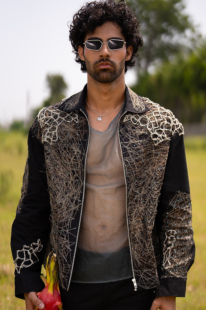 Black Cotton Blend Embroidered Jacket by Aurge Studios at Pernia's Pop Up Shop