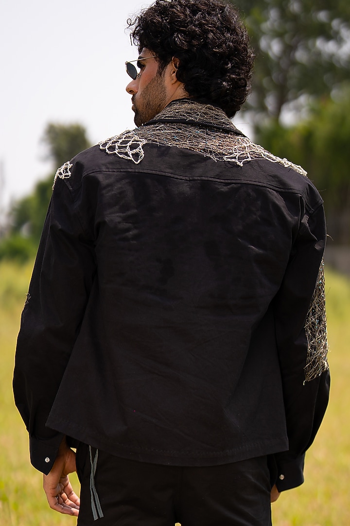 Black Cotton Blend Embroidered Jacket by Aurge Studios at Pernia's Pop Up Shop