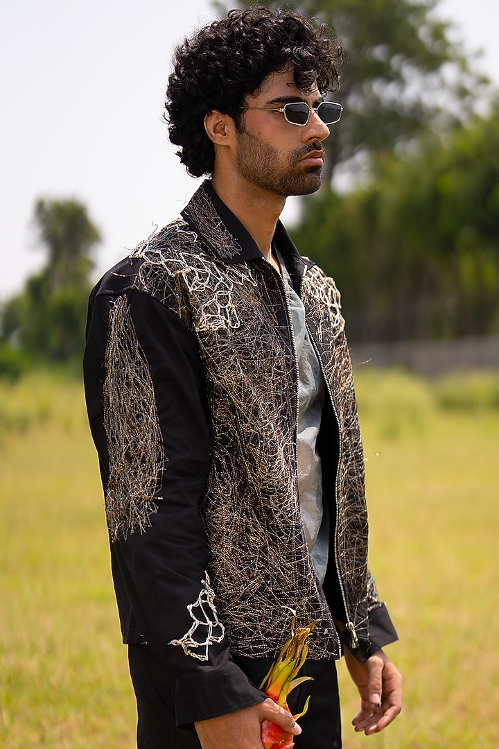 Black Cotton Blend Embroidered Jacket by Aurge Studios at Pernia's Pop Up Shop