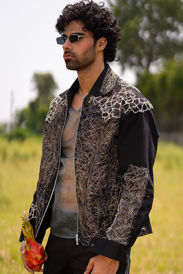Black Cotton Blend Embroidered Jacket by Aurge Studios at Pernia's Pop Up Shop