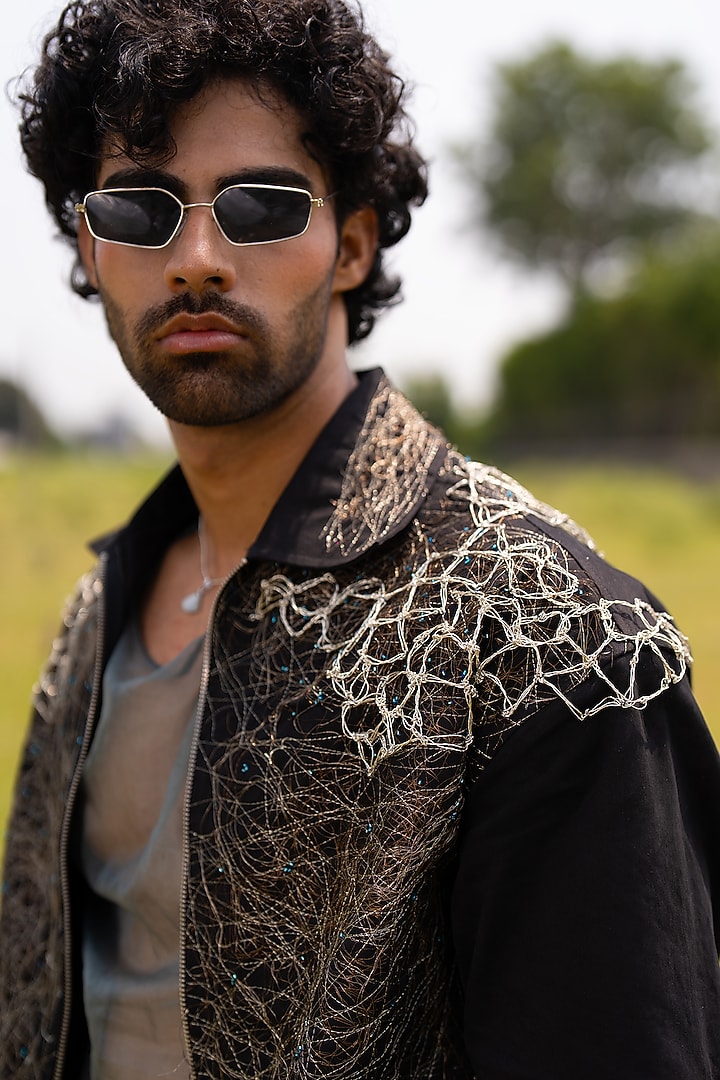 Black Cotton Blend Embroidered Jacket by Aurge Studios at Pernia's Pop Up Shop