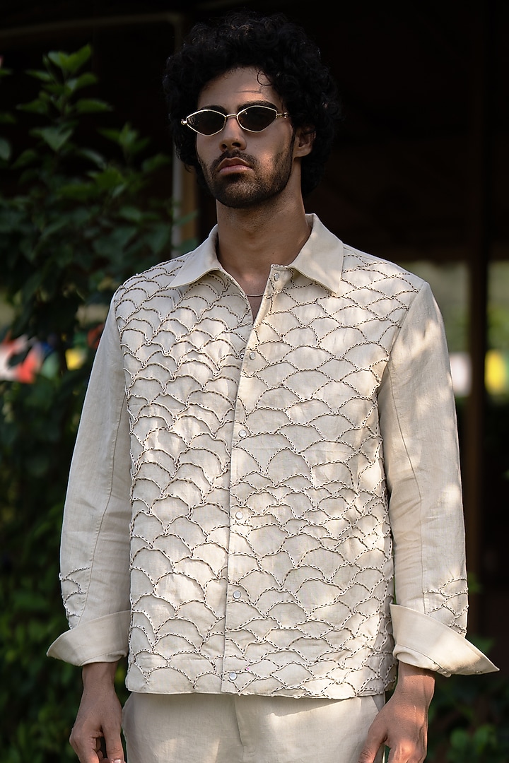 Beige Linen Embroidered Shacket by Aurge Studios at Pernia's Pop Up Shop