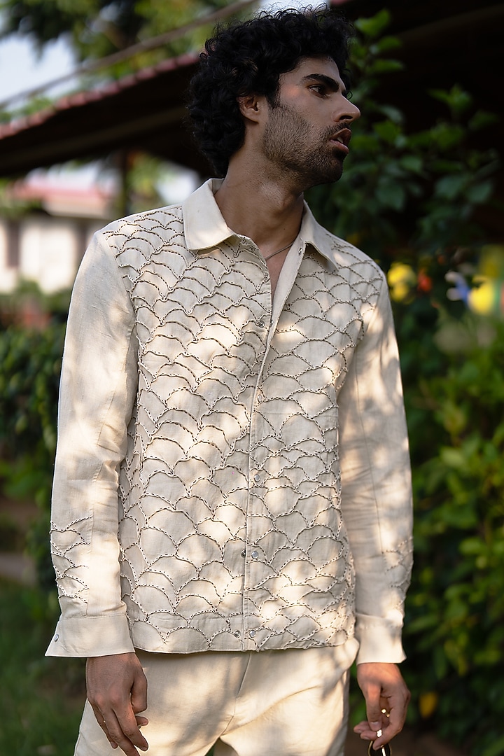 Beige Linen Embroidered Shacket by Aurge Studios at Pernia's Pop Up Shop