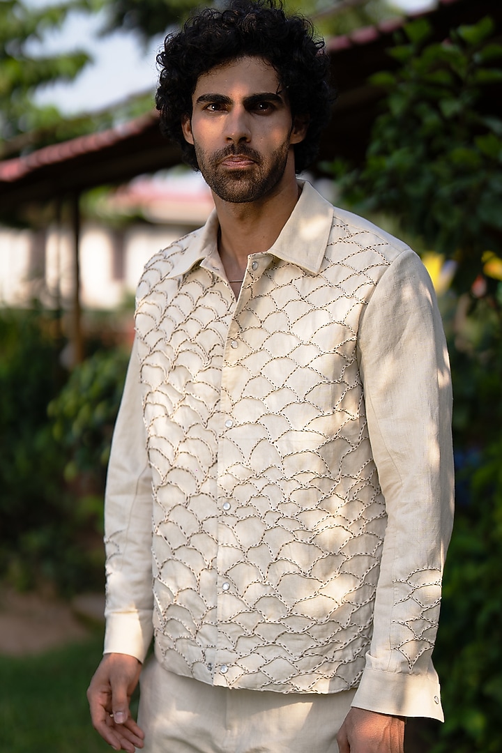 Beige Linen Embroidered Shacket by Aurge Studios at Pernia's Pop Up Shop
