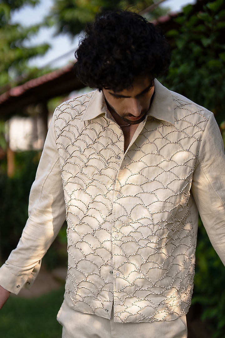 Beige Linen Embroidered Shacket by Aurge Studios at Pernia's Pop Up Shop