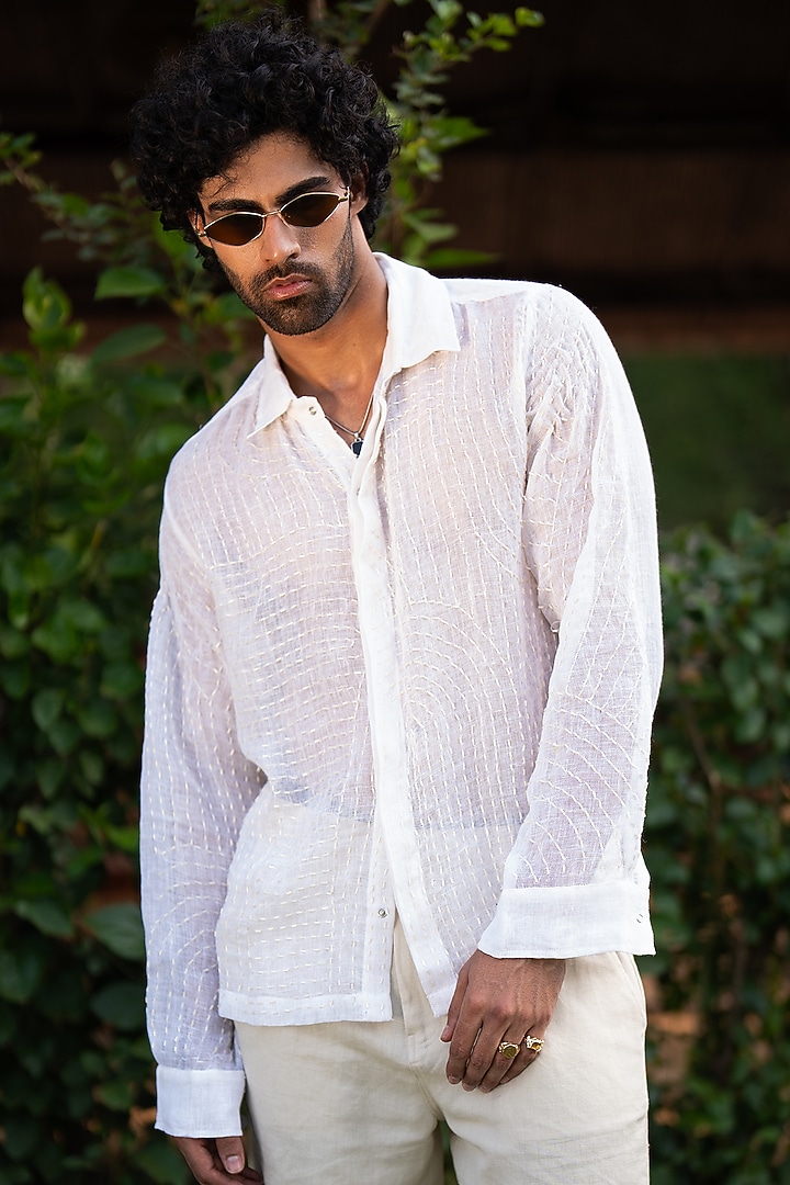 White Linen Embroidered Wedding Shirt by Aurge Studios at Pernia's Pop Up Shop