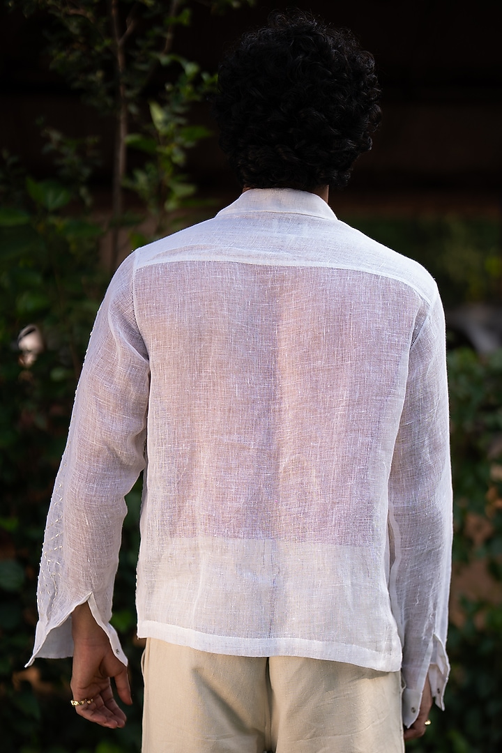 White Linen Embroidered Wedding Shirt by Aurge Studios at Pernia's Pop Up Shop