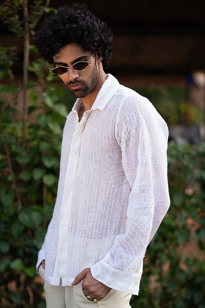 White Linen Embroidered Wedding Shirt by Aurge Studios at Pernia's Pop Up Shop