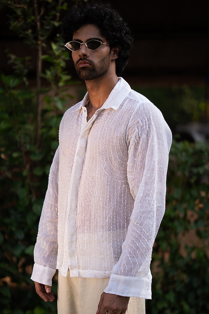 White Linen Embroidered Wedding Shirt by Aurge Studios at Pernia's Pop Up Shop