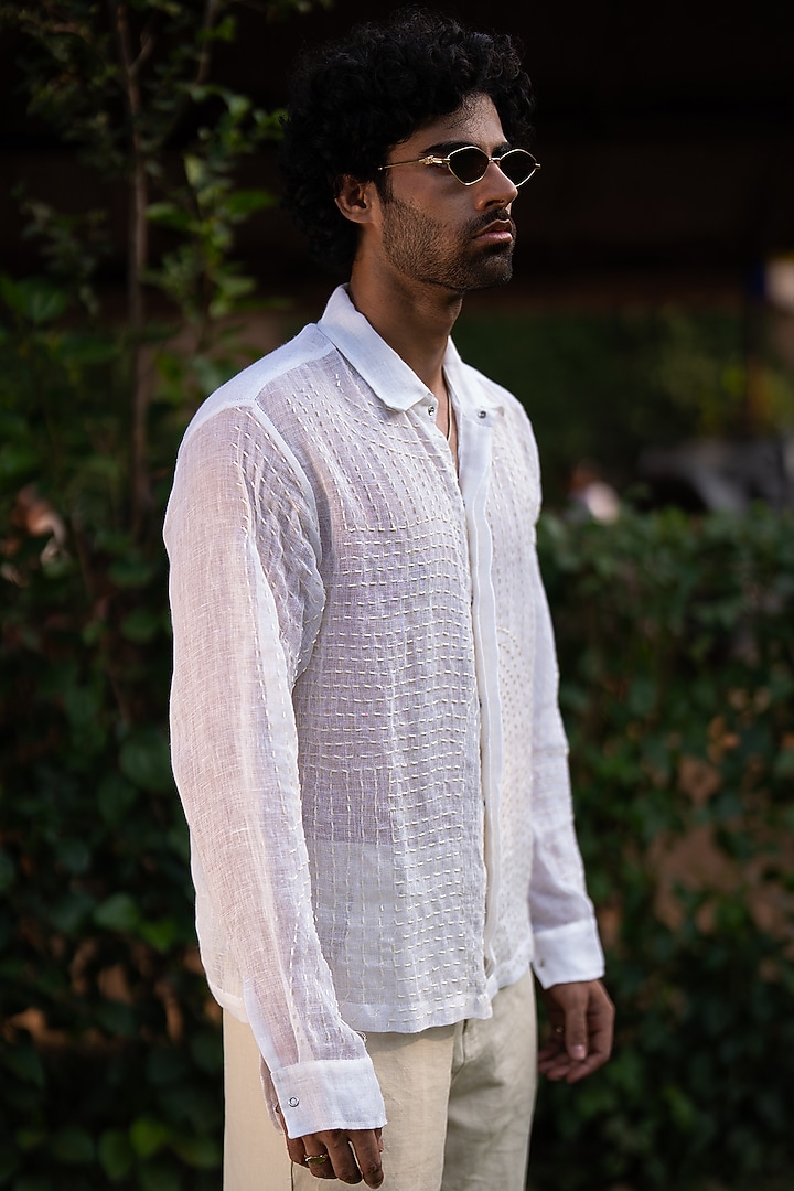 White Linen Embroidered Wedding Shirt by Aurge Studios at Pernia's Pop Up Shop