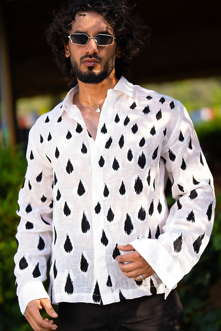 White Linen Embroidered Wedding Shirt by Aurge Studios at Pernia's Pop Up Shop