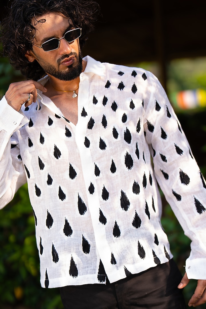 White Linen Embroidered Wedding Shirt by Aurge Studios at Pernia's Pop Up Shop
