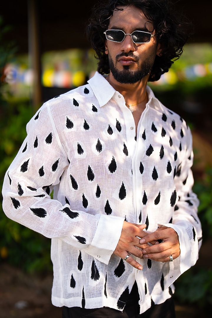 White Linen Embroidered Wedding Shirt by Aurge Studios at Pernia's Pop Up Shop