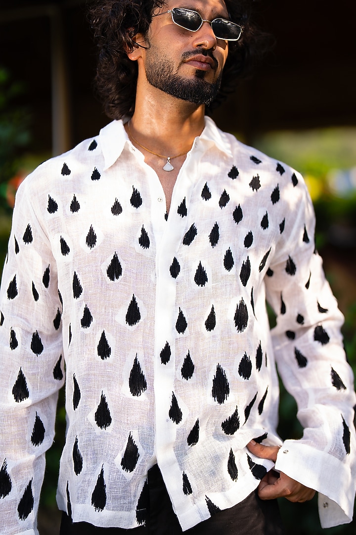 White Linen Embroidered Wedding Shirt by Aurge Studios at Pernia's Pop Up Shop