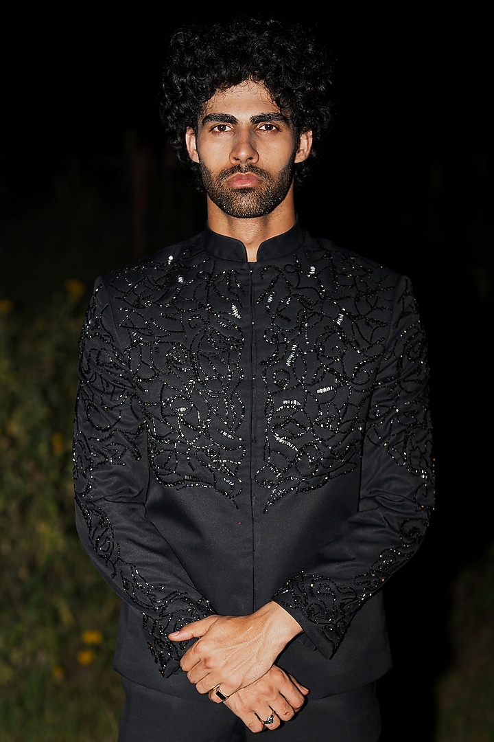Black Suiting Embroidered Wedding Bandhgala by Aurge Studios at Pernia's Pop Up Shop