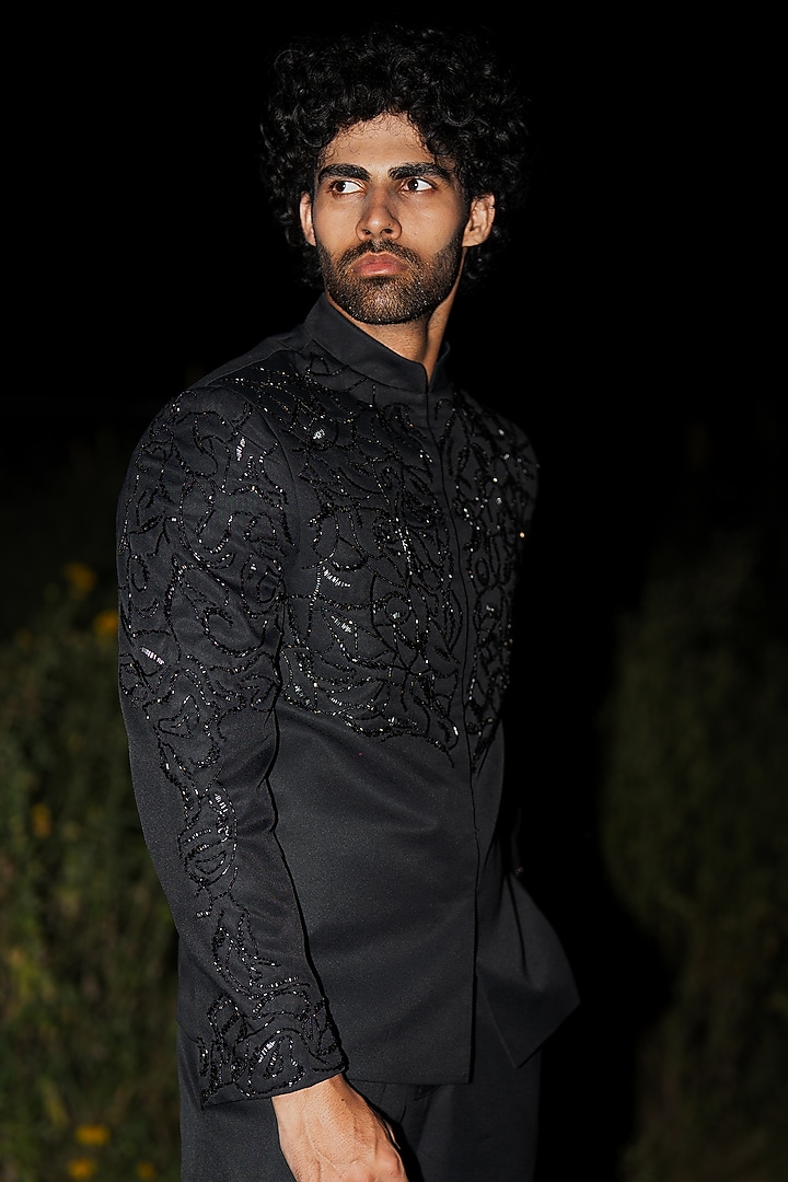 Black Suiting Embroidered Wedding Bandhgala by Aurge Studios at Pernia's Pop Up Shop