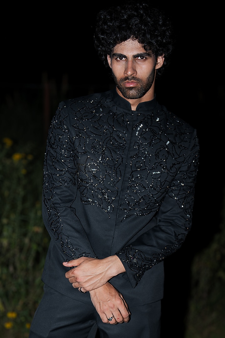 Black Suiting Embroidered Wedding Bandhgala by Aurge Studios at Pernia's Pop Up Shop