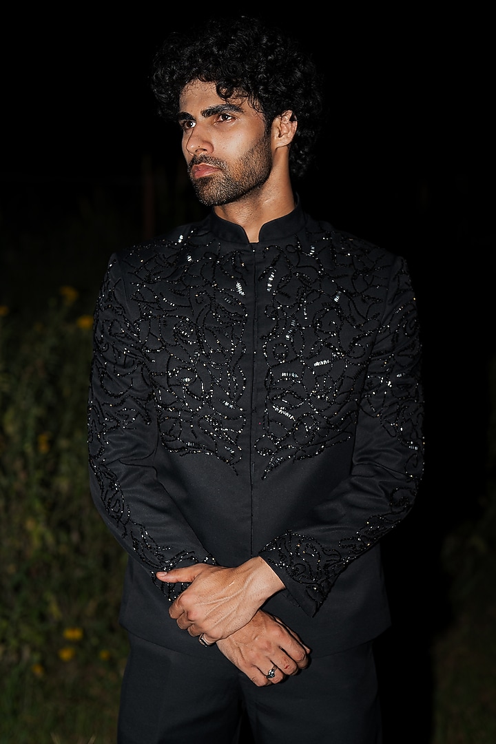 Black Suiting Embroidered Wedding Bandhgala by Aurge Studios at Pernia's Pop Up Shop