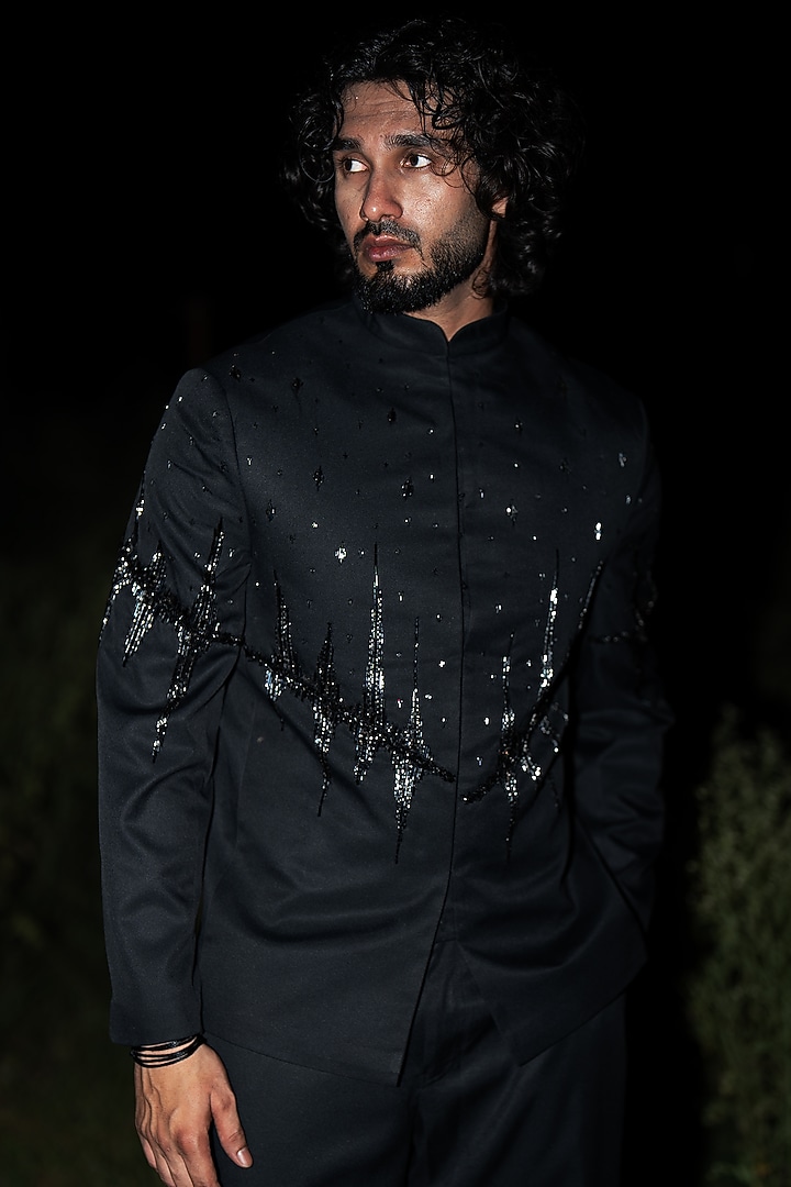 Black Suiting Sequins Embroidered Wedding Bandhgala by Aurge Studios at Pernia's Pop Up Shop
