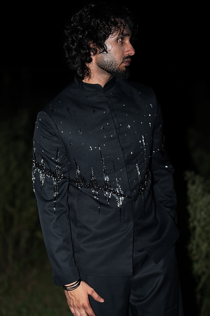 Black Suiting Sequins Embroidered Wedding Bandhgala by Aurge Studios at Pernia's Pop Up Shop