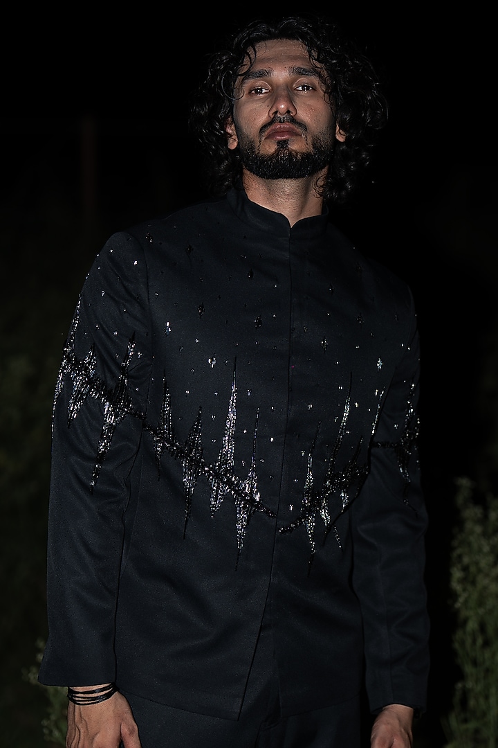 Black Suiting Sequins Embroidered Wedding Bandhgala by Aurge Studios at Pernia's Pop Up Shop