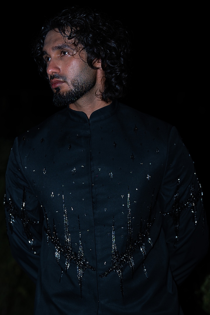 Black Suiting Sequins Embroidered Wedding Bandhgala by Aurge Studios at Pernia's Pop Up Shop