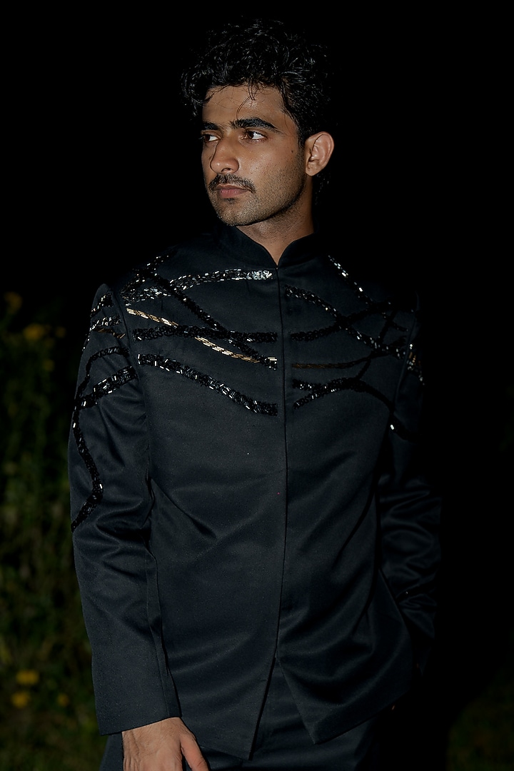Black Suiting Embroidered Wedding Bandhgala by Aurge Studios at Pernia's Pop Up Shop