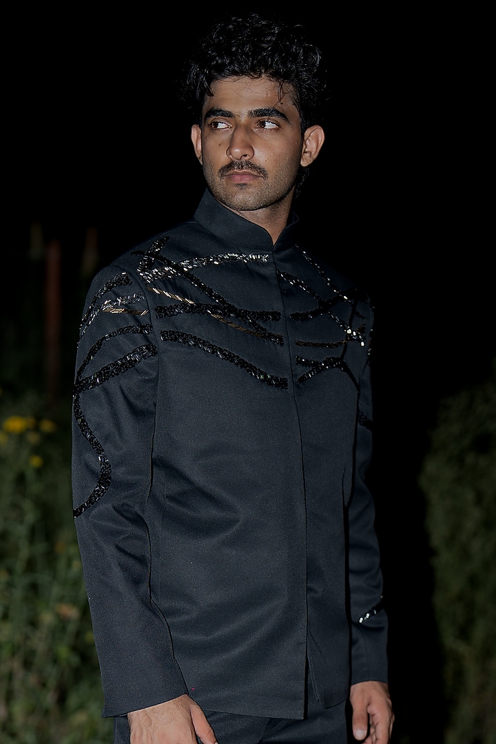 Black Suiting Embroidered Wedding Bandhgala by Aurge Studios at Pernia's Pop Up Shop