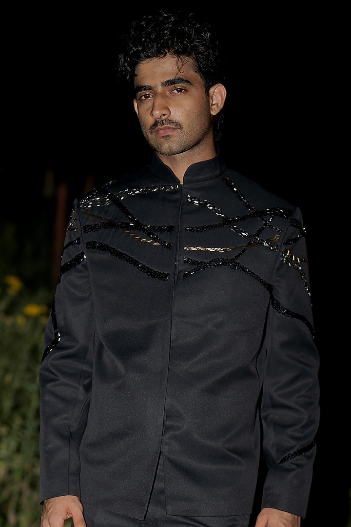 Black Suiting Embroidered Wedding Bandhgala by Aurge Studios at Pernia's Pop Up Shop