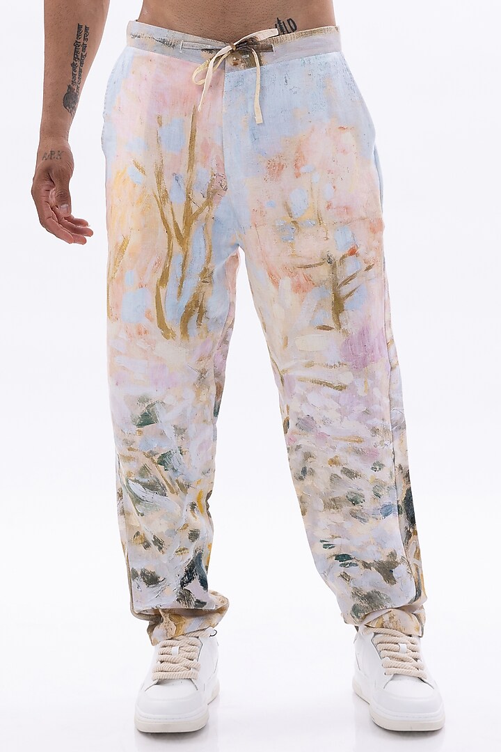Multi-Colored Cotton Linen Digital Printed Pants by Aurge Studios